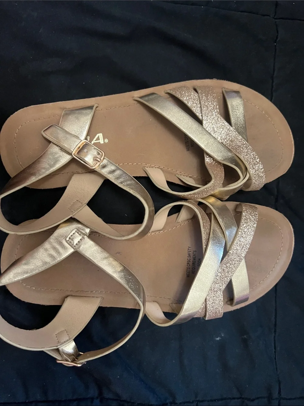 Girls' Metallic Gold Strappy Sandals with Glitter Accents